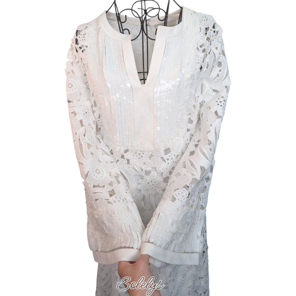 Sachin & Babi Cynthia White Floral Lace Sequin Bridal Wedding Gown Dress Medium - Picture 9 of 10